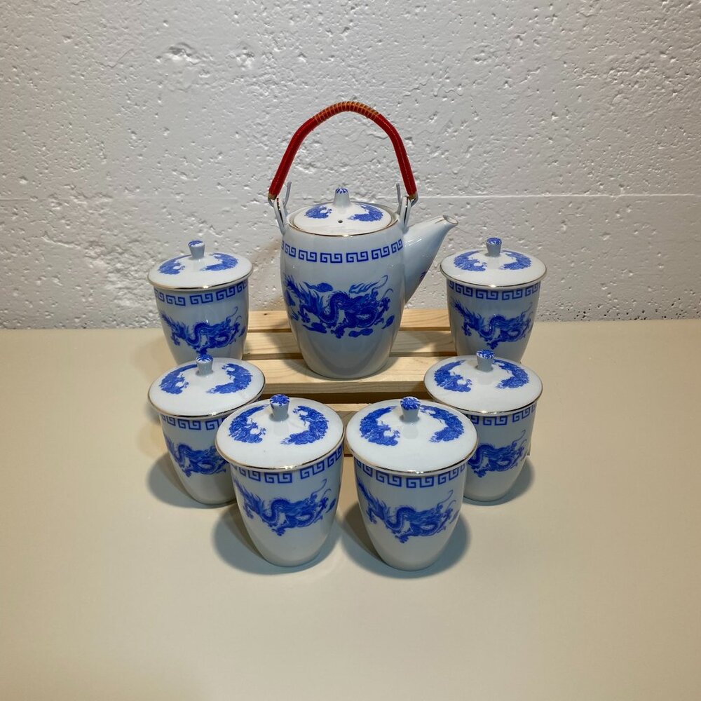 Great China Company Vintage Blue Dragon Tea Set with Lidded Cups and Pot